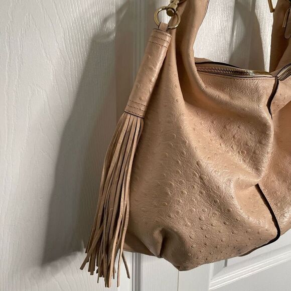 G.I.L.I. Hobo Bag Pale Peach Ostrich Embossed Leather Hobo Bag with Tassel - Picture 2 of 12